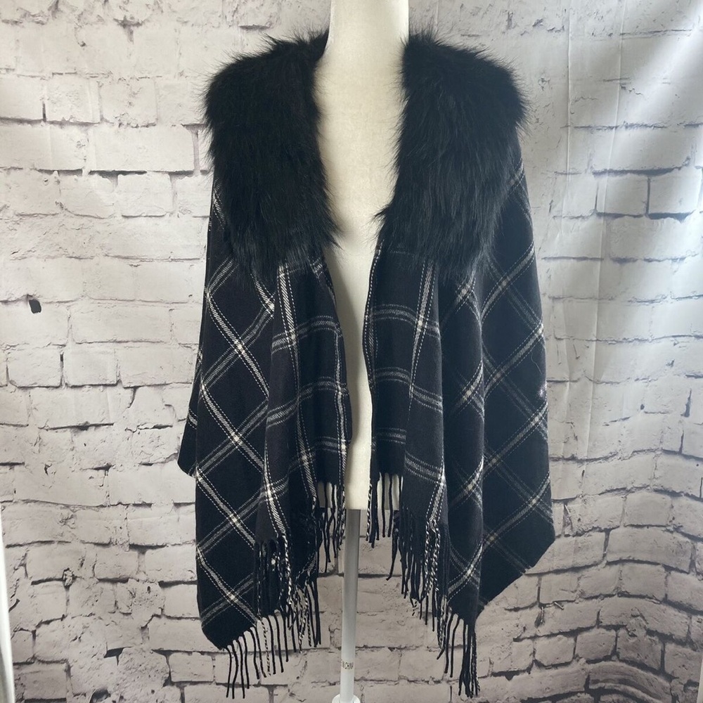 J. Crew faux fur collar plaid wrap with fringes
